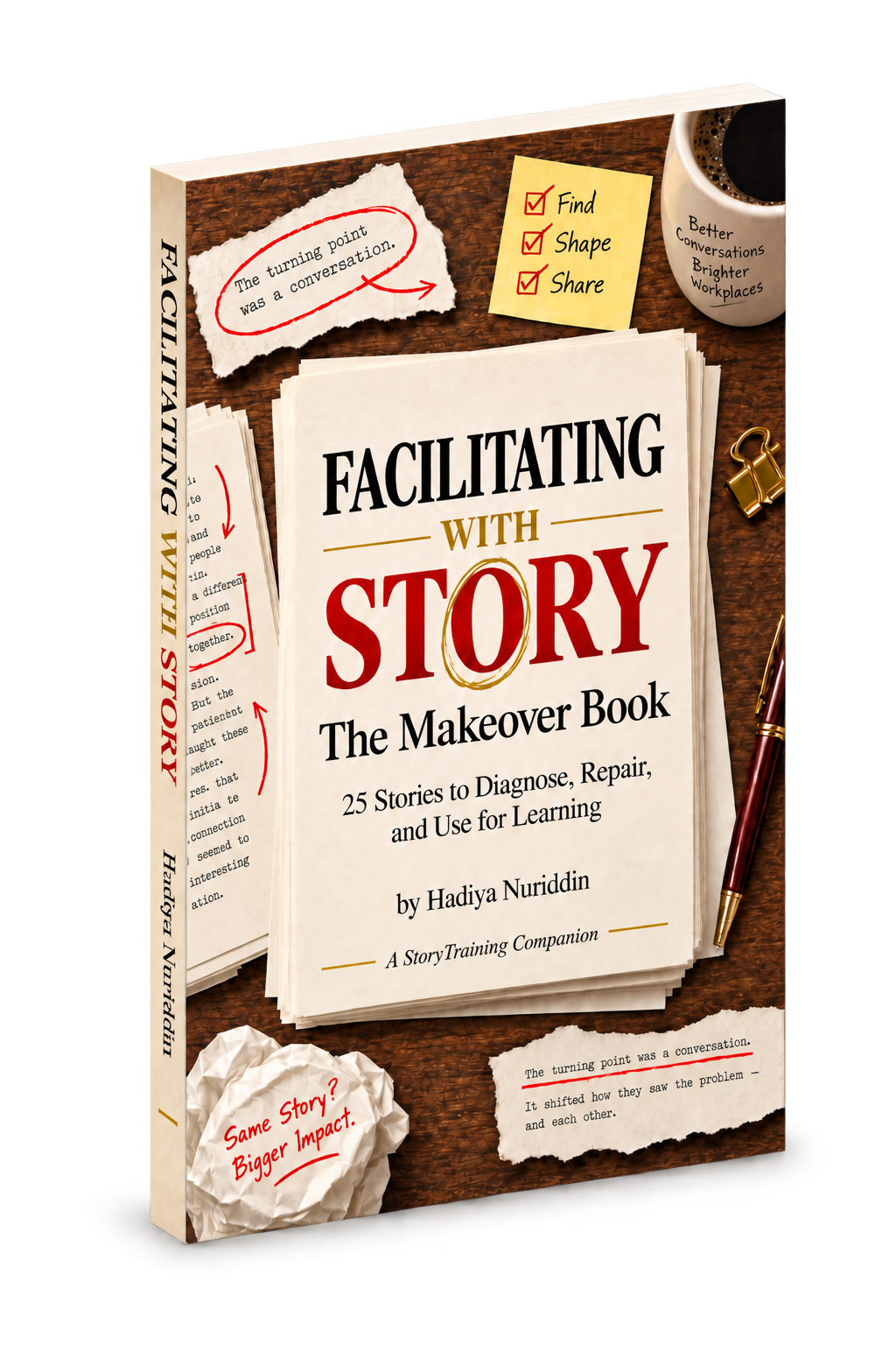 Three-dimensional cover of the book Facilitating with Story: The Makeover Book, 25 stories to diagnose, repair, and use for learning, by Hadiya Nuriddin